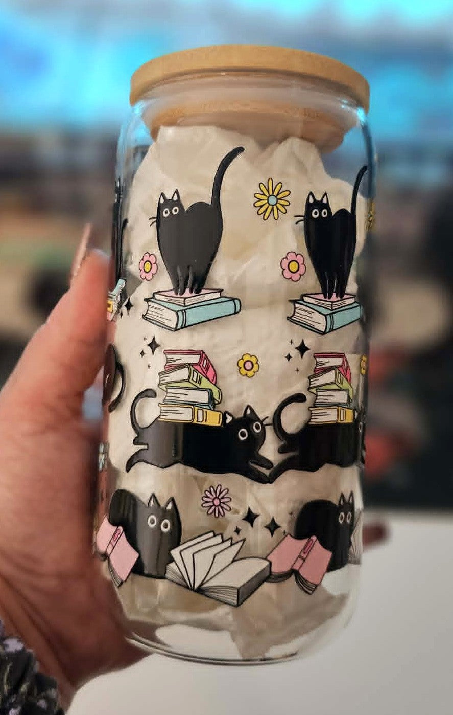 Cats and Books 16 Oz Glass Cup